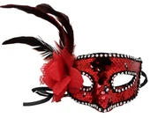 Kırmızı Renk Yandan Tüylü Güllü Gümüş Taşlı Pullu Maske 20x22 cm - 1