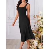 Lucky Life Kadın Askılı Geometrik Yakalı Geniş Kesim Detaylı Ithal Krep Elbise - 1