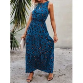 Lucky Life Kadın Kolsuz Bisiklet Yaka Beli Lastikli Desenli Süprem Elbise - 1