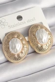 Pirinç Gold Renk İncili İşlemeli Daire Model Kadın Küpe - TJ-BKP10246 - 1