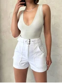 Kemer detaylı gabardin şort beyaz s25289 - 5