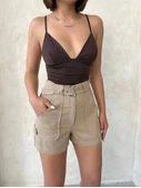 Kemer detaylı gabardin şort bej s25289 - 5