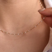 14 Ayar Altın Kaplama Rose Kuvars Ham Değerli Taş Gümüş Choker- CNS00637 - 1