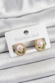 Pirinç Pembe Mineli Lale Figürlü Sanatsal Portre Model Gold Renk Kadın Küpe - TJ-BKP10672 - 1