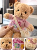 Sevimli Giydirilmiş 30cm Ayıcık - Açık Kahverengi (Kırmızı ve Beyaz Büyük Kalp Kazak + Küçük Kahverengi Çanta, Pencere Hediye Kutusu + Çiçek + Işık) - 6