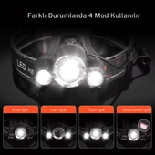 3xT6 Şarjlı Kafa Feneri | 3 LED | 6800mAh 2 Adet 18650 Pil | Su Geçirmez | Araba & Prizden Şarj | Kamp Av Farı - 4