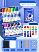 Çocuklar İçin Su Bazlı Akrilik Kalem Seti - 24 Renk Mavi Astronot - 53 Parça ve Kozmetik Çantası - 1