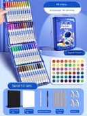 Çocuklar İçin Su Bazlı Akrilik Kalem Seti - 48 Renk Mavi Astronot - 53 Parça ve Kozmetik Çantası - 1