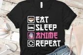 Anime Eat Sleep Anime Repeat Kısa kollu bisiklet yaka t-shirt - 1