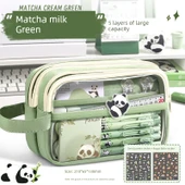 Şeffaf Kalemlik - Matcha Süt Yeşili - Beş Katmanlı - İki Çıkartmalı - 1