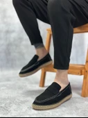 ET0359 Doğal Deri Tozu Bağcıksız Kauçuk El Yapımı Espadril Taban Siyah Renk Erkek Ayakkabı thumbnail 2