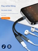 Type-C'den Çift USB Adaptör Kablosu - Koyu Gri 3.5mm + C Kulaklık - Şarj ve Veri 2'si 1 Arada - 4