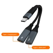 Type-C'den Çift USB Adaptör Kablosu - Koyu Gri Çift C Portu - Şarj ve Veri 2'si 1 Arada - 1
