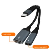 Type-C'den Çift USB Adaptör Kablosu - Koyu Gri USB + C Portu - Şarj ve Veri 2'si 1 Arada - 1