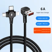 6A Süper Hızlı Şarj 3'ü 1 Arada USB Kablo - 0.5m Yatay Kavisli Type-C - 2