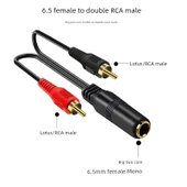 6.5mm Dişi - Çift RCA Erkek Ses Kablosu - Mono 6.5mm - Kırmızı ve Siyah - 0.25m - 1