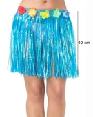 Yetişkin ve Çocuk Uyumlu Mavi Renk Püsküllü Hawaii Luau Hula Etek 40 cm - 1