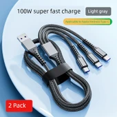 3'ü 1 Arada USB Hızlı Şarj Kablosu - 2m - Gri (2 Paket) - 1