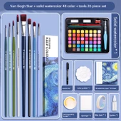 Gouache Akrilik Yağlı Boya Fırça Seti - Van Gogh Yıldız + Katı Sulu Boya 48 Renk + Araçlar 26 Parça Set - 1