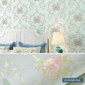 Retro Pastoral Avrupa 3D Çiçek Duvar Kağıdı - Açık Mavi-3 - 53cm x 3m thumbnail 1