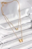 316L Çelik Gold Renk 2'Li Simli Kelebek Model Kadın Kolye - TJ-BKO9928 thumbnail 2