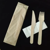Ekolojik Tek Kullanımlık Ahşap Çatal Bıçak Seti - 16cm Bıçak + Çatal + Kağıt (100 Set) - 1