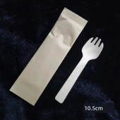 Ekolojik Tek Kullanımlık Ahşap Çatal Bıçak Seti - Kahverengi Kağıt Sarılı 10.5cm Ahşap Çatal Kaşık (100 Adet) - 1
