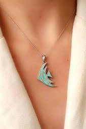 Turkuaz Taşlı Gümüş Modern Balık Kolye - 1