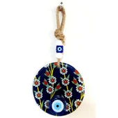 Çiçek Desenli Lacivert Nazar Boncuklu Füzyon Cam Duvar Süsü - 2