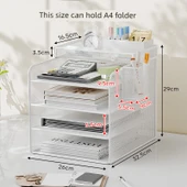 Metal Ofis Masa Dosya Rafı - Beyaz - Dört Katlı Dikey + Çerçeve + Kalemlik - 1
