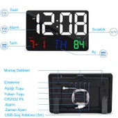 HyMark Dijital Duvar Saati Renkli HD LED Ekran 25X16 Cm Tarih Gün Sıcaklık Alarm USB Dekoratif thumbnail 5