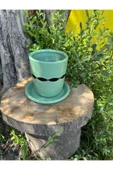 Tasarım Su Yeşili El Emeği Boyanmış Desenli Vernikli Fırınlanmış Çömlek Toprak Saksı - 1