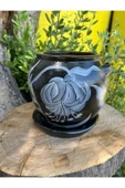 Siyah Renk Tasarım El Emeği Boyanmış Vernikli Fırınlanmış Çiçek Desenli Çömlek Toprak Saksı - 1