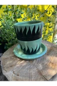 Tasarım Su Yeşili - Siyah El Emeği Boyanmış Desenli Vernikli Fırınlanmış Çömlek Toprak Saksı - 2