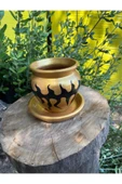 Gold Renk El Emeği Boyanmış Tasarım Siyah Desenli Vernikli Fırınlanmış Çömlek Toprak Saksı - 3