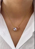 Gold Renk Parlak Pembe Taşlı Şık Zarif ve Anlamlı Hediye Çift Kalp Çelik Kolye - 1
