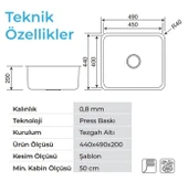 Crauf Lavello 3050 Mat Inox 40×45 Tezgah Altı Paslanmaz Çelik Mutfak Eviyesi - 2