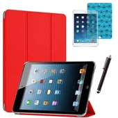 Apple iPad Mini 2 / Mini 3 Uyumlu Smart Cover Tablet Kılıfı Ekran Koruyucu Kalem Set Kırmızı thumbnail 1