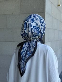 Pamuklu Soft Roza Desen Eşarp-Mavi/Krem - 2