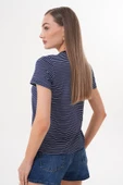 Kadın Çizgili T-shirt Bisiklet Yaka Kısa Kollu Tişört ÇİZGİLİ-TİŞÖRT - 4