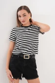 Kadın Çizgili T-shirt Bisiklet Yaka Kısa Kollu Tişört ÇİZGİLİ-TİŞÖRT - 9