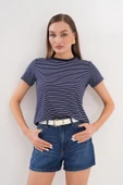 Kadın Çizgili T-shirt Bisiklet Yaka Kısa Kollu Tişört ÇİZGİLİ-TİŞÖRT - 1