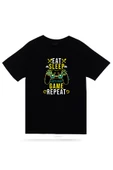fame-stoned Eat, Sleep, Game, Repeat Oyun Kolu Baskılı Unisex %100 Pamuk T-shirt - 1