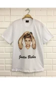fame-stoned  Justin Bieber Baskılı Unisex %100 Pamuk Beyaz T-shirt thumbnail 1