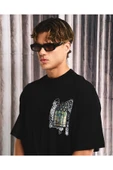 fame-stoned  Pencere Aplikeli Unisex %100 Pamuk Oversize Siyah T-shirt - 4