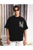fame-stoned  Pencere Aplikeli Unisex %100 Pamuk Oversize Siyah T-shirt - 3