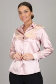 Sweetness Kadın Pudra Pembe Likralı Saten Uzun Kol Abiye Gömlek - 1