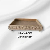 Ahşap boyanabilir çiçek desenli ayaklı dikdörtgen sunumluk tepsi - 1