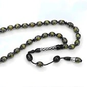 Oltu Taşı ve Sarı Galalith Çeşmi Damla İşleme Tespih  thumbnail 1