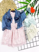 2-3-4-5 Yaş Kot Ceketli Astarlı Güpürlü 2li Kız Çocuk Elbisesi Yeşil - 3